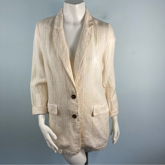 Cynthia Rowley Sz Small 100% Linen Blazer Jacket Ivory Yellow Stripe Lightweight - Picture 1 of 16